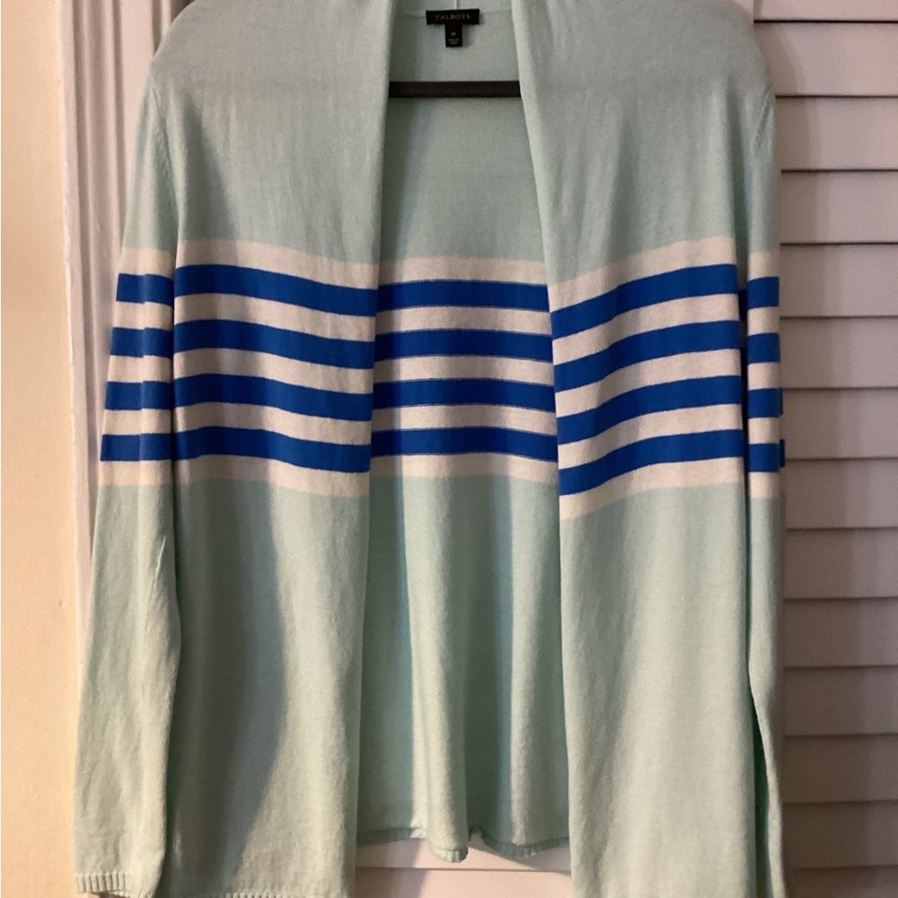 Talbots Women’s Cardigan Sweater Mint Green w Blue and White Stripes Size Medium